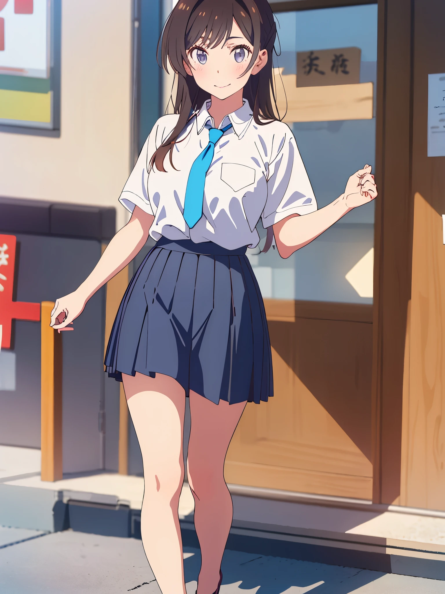 Japanese girl、Girls in their 20s、 perfect body type 、 Transparency、 Discrete Breasts 、 look at the uniform 、 Navy Blue Necktie 、 Navy Blue Skirt 、light blue shirt、 hposing gravure idol 、Big Breasts、 Glowing Thighs