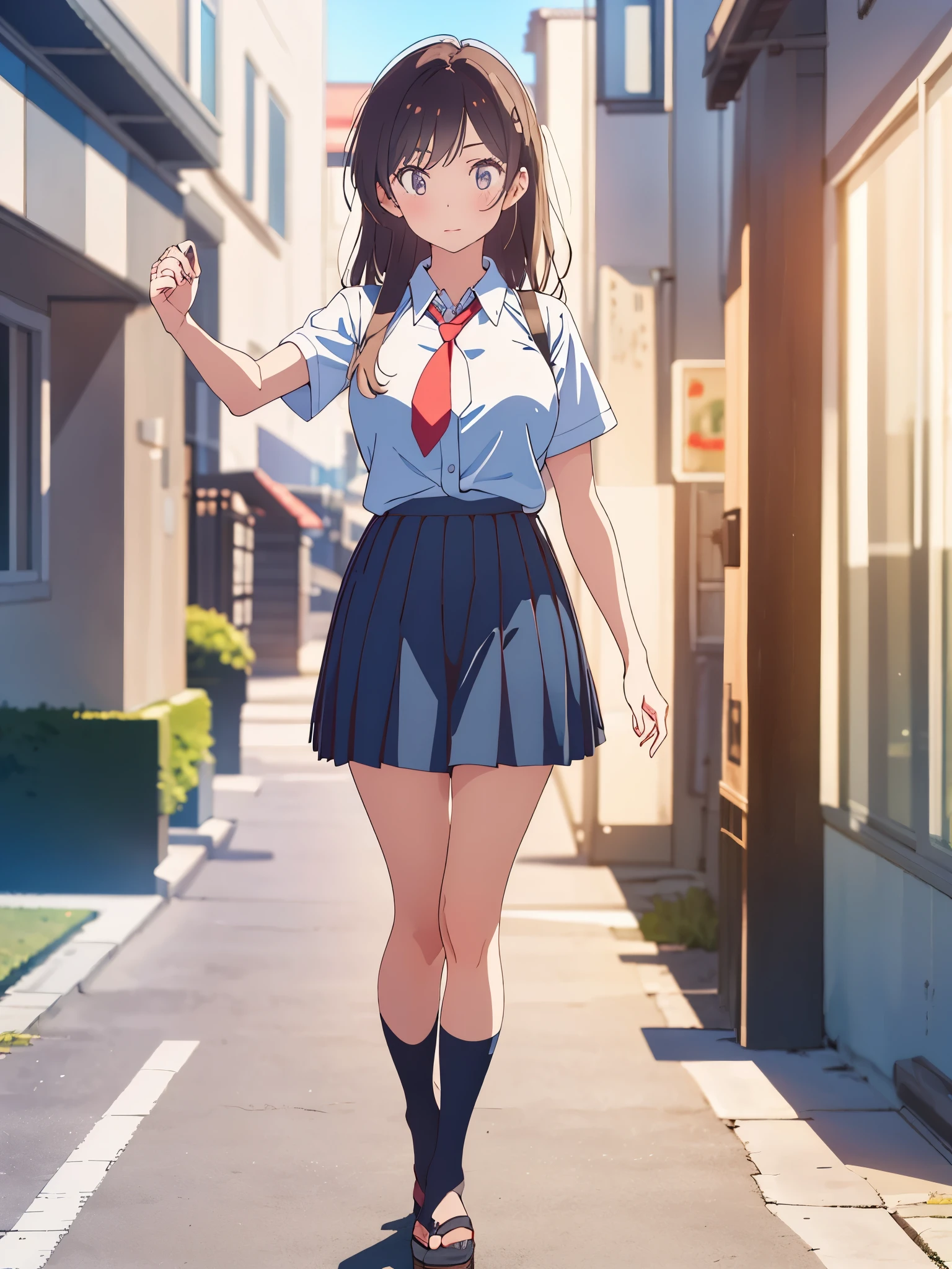 Japanese girl、Girls in their 20s、 perfect body type 、 Transparency、 Discrete Breasts 、 look at the uniform 、 Navy Blue Necktie 、 Navy Blue Skirt 、light blue shirt、 hposing gravure idol 、Big Breasts、 Glowing Thighs