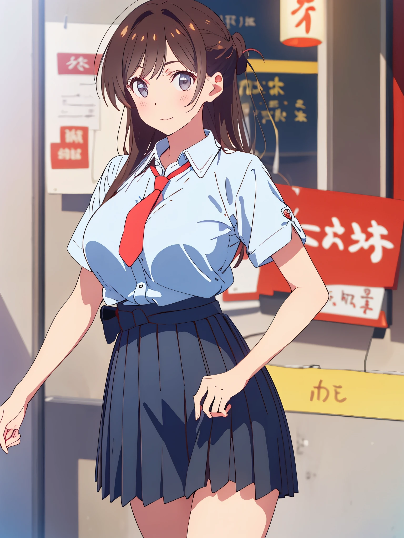 Japanese girl、Girls in their 20s、 perfect body type 、 Transparency、 Discrete Breasts 、 look at the uniform 、 Navy Blue Necktie 、 Navy Blue Skirt 、light blue shirt、 hposing gravure idol 、Big Breasts、 Glowing Thighs