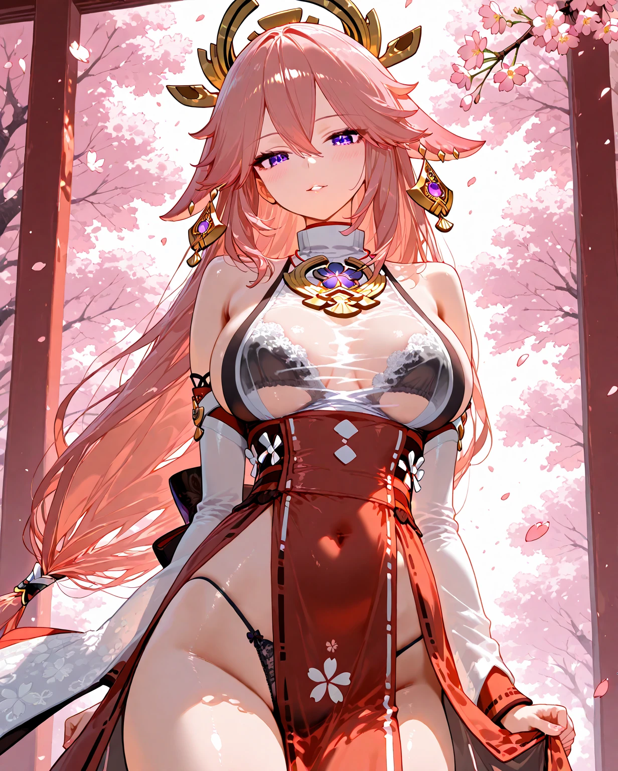 (masterpiece:1.2), (best quality:1.2), 1girl,  upper body shot, large breasts, fit and petite body, tears, crying, looking at viewer, embarrassed, standing, under cherry blossom,
 <lora:kiryu_coco_v1:0.7>, hmcoco, long hair, streaked hair, single braid, black hairband, horn bow, dragon tail,
 <lora:AlbionSuccubusNightgownV1:0.85>, black nightgown, elbow gloves, black gloves,