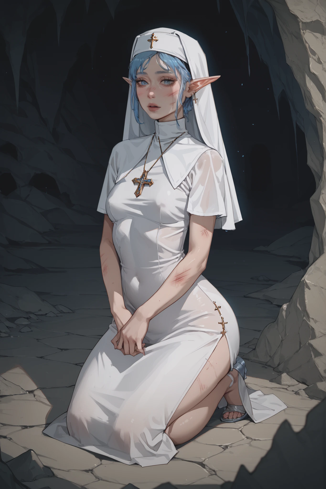 1 cleric girl, short hair metallic blue, blue iris, long elf ears, pale skin, voluptuous, small breasts, pubes, white curtain dress, nun hat, cave, kneeling, bruises