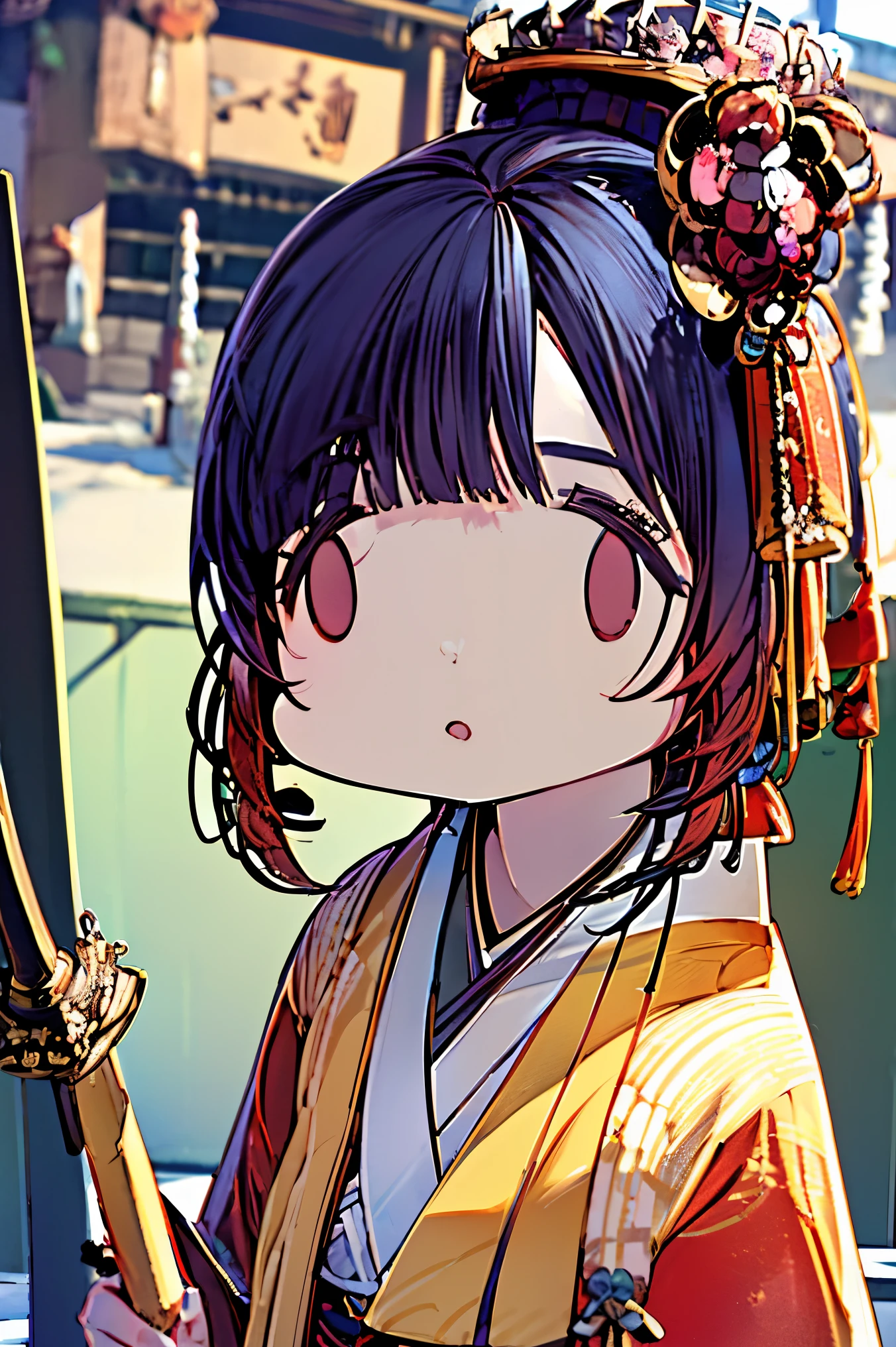 (masterpiece:1.5),beautiful hair,Beautiful Eyes,beautiful lips,Beautiful slender body,Cleavage,(Konno Anna:1.2),(Riho Yoshioka:1.1),(random expression:1.3),(Riverside:1.4),bust illustration from the front,with Japanese Swords ,((((An Extraordinary Beauty:1.7)))),(((( kimono,Taisho Romance:1.5)))),((19-year-old single woman holding a fish in her hand:1.1)),(accurately depicted anatomically correct hands:1.1)black hair,long lashes,Three-dimensional, jewel-like eyes,Very delicate and beautiful CG,2. 5D illustration, anatomically accurate body, (very precise illustration:1.1),(Outdoors:1.4), (wallpaper:1.4),8k