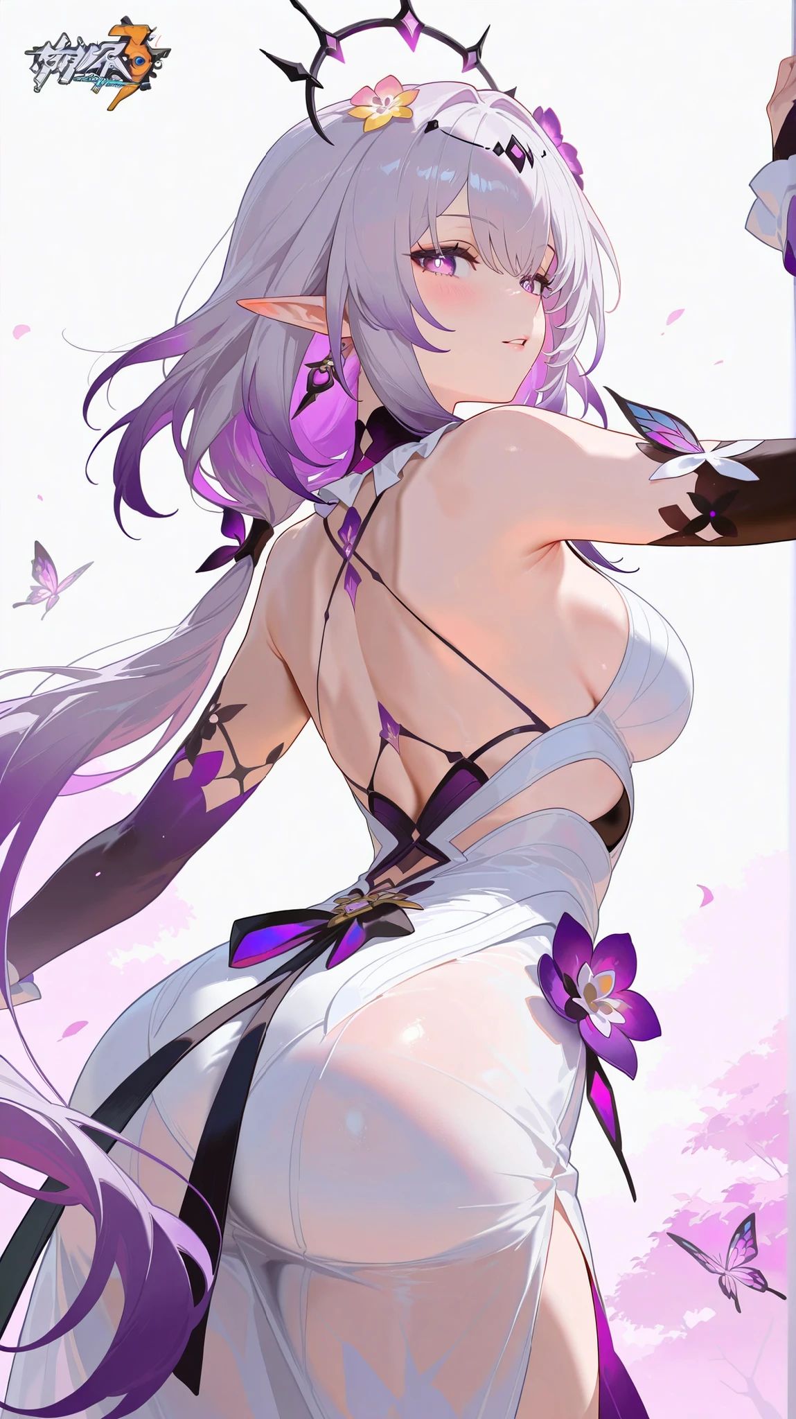 masterpiece, top quality, best quality, official art, beautiful and aesthetic:1.2),(8k, best quality, masterpiece:1.2), (((masterpiece))),(((best quality))),(((extremely detailed))), illustration, who, (masterpiece, top quality, best quality, official art, beautiful and aesthetic:1.2),(8k, best quality, masterpiece:1.2), castorice_(honkai:_star_rail), 1girl, solo, pointy ears, long hair, dress, hair ornament, blush, flower, butterfly, bug, looking back, white dress, looking at viewer, purple eyes, hair flower, white background, simple background, from behind, bare shoulders, purple hair, low twintails, twintails, purple flower, back, very long hair, parted lips, grey hair