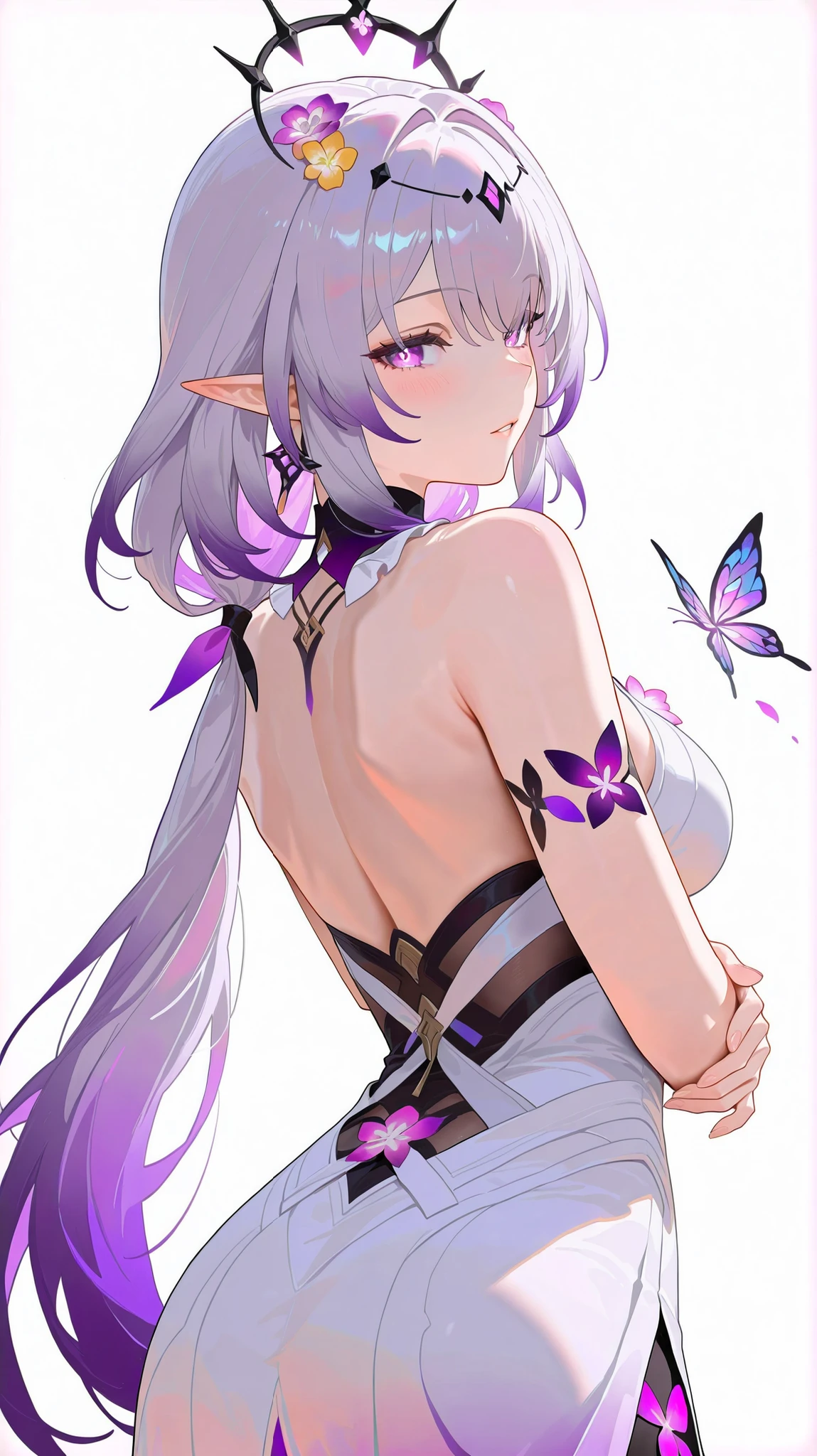 masterpiece, top quality, best quality, official art, beautiful and aesthetic:1.2),(8k, best quality, masterpiece:1.2), (((masterpiece))),(((best quality))),(((extremely detailed))), illustration, who, (masterpiece, top quality, best quality, official art, beautiful and aesthetic:1.2),(8k, best quality, masterpiece:1.2), castorice_(honkai:_star_rail), 1girl, solo, pointy ears, long hair, dress, hair ornament, blush, flower, butterfly, bug, looking back, white dress, looking at viewer, purple eyes, hair flower, white background, simple background, from behind, bare shoulders, purple hair, low twintails, twintails, purple flower, back, very long hair, parted lips, grey hair