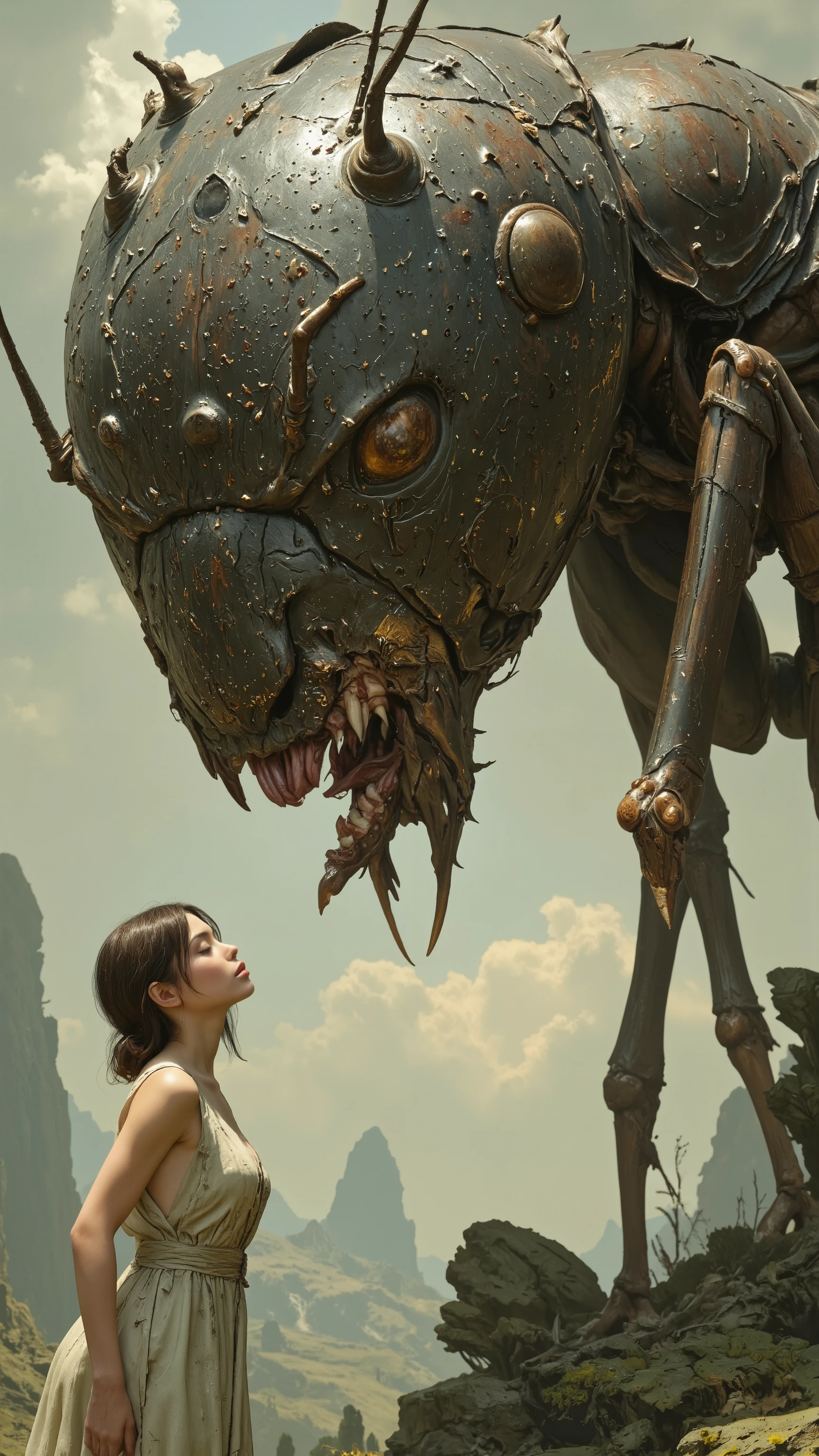 1girl, Full body image of a beautiful girl、The ant's head, which is close to the miniaturized head of a beautiful girl, looks so huge、Ants are aiming to feed on beautiful girls、