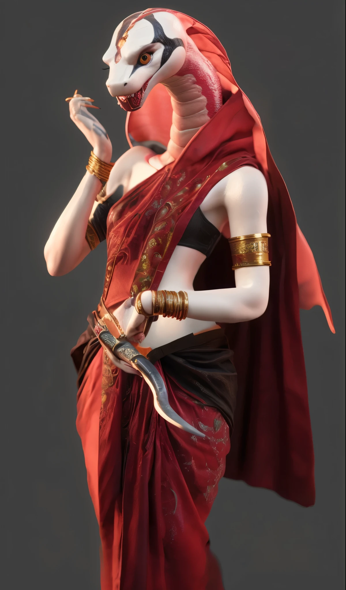with vivid images,animal personification,White Snake,Beautiful,underarms full of charm,charming,wearing red Indian clothing,handheld dagger,with faint snakes on snow white skin,Slightly reflective,adorned with shiny gold ornaments,Perfect,detailed,Masterpiece,HD,8K,3D Rendering, Unreal Engine ,hyperrealistic character portrait,Perfect手,