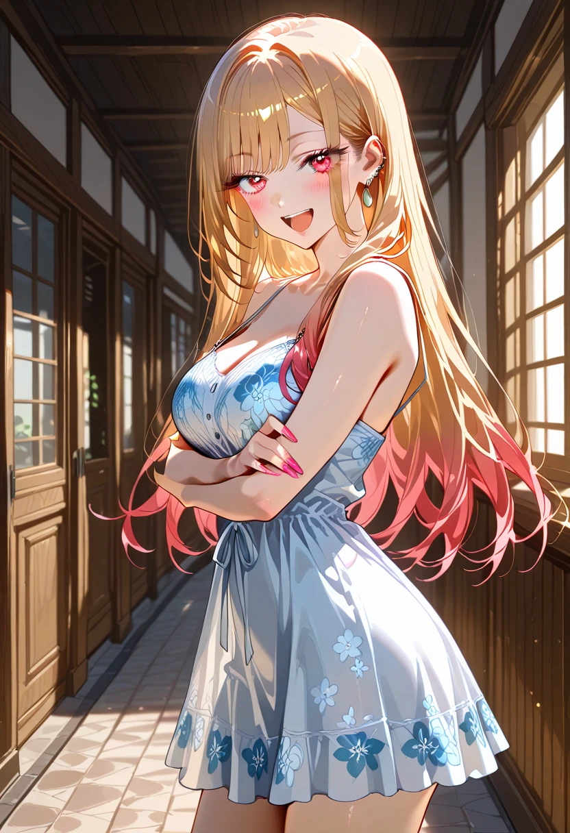 (leaning over:1.4), (masterpiece:1.2, best quality), (real picture, intricate details), 1girl, solo, absurdres, cowboy shot, standing, outdoors, :3, smile, bear girl, bear ears, ((light pink dress)), frills, very detailed dress, white thighhighs, platinum blonde hair, gray blue eyes, long hair, ((red strawberry choker)), smile, open mouth, one fang, large breasts, cleavage, sleeveless dress, arms behind back,