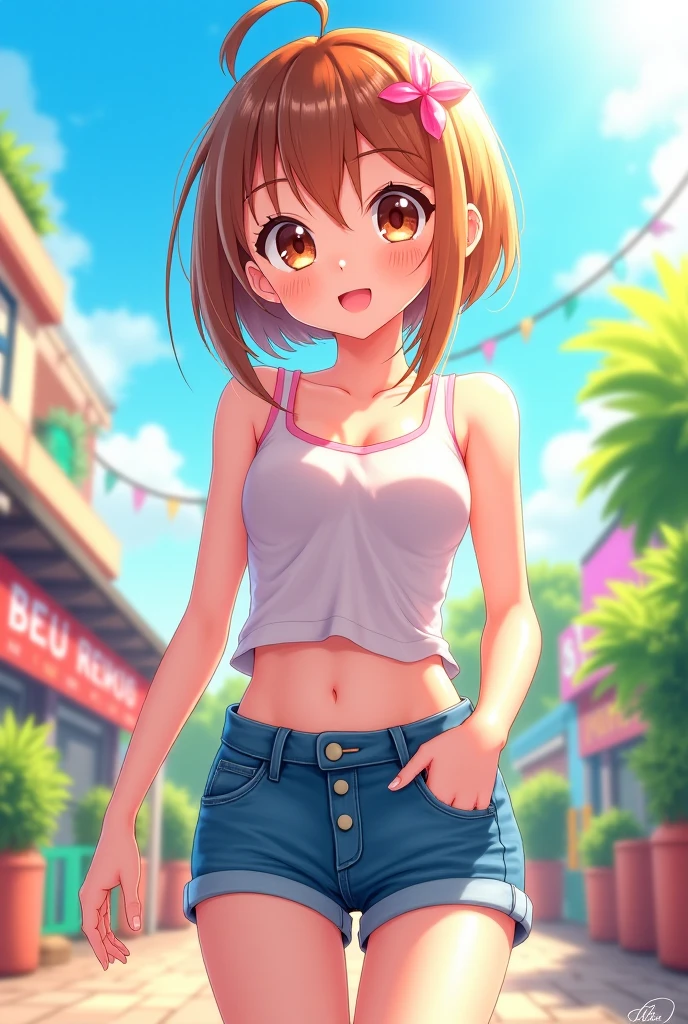 Follow Us, food yuuki, (brown eyes:1.5), brown hair, hair ornaments, hair Scrunchie, long hair, pink Scrunchie, Scrunchie, (flat chest:1.2),happy smile, smile, open your mouth,white tank top shirt,Belly button soup,shorts,barefoot,sneakers,noon,the sun&#39;s,
break outdoors, In town,building street,
break looking at viewer, (cowboy shot:1.5),
break (masterpiece:1.2), highest quality, High resolution, unity 8k wallpaper, (figure:0.8), (detailed and beautiful eyes:1.6), highly detailed face, perfect lighting, Very detailed CG, (perfect hands, perfect anatomy),