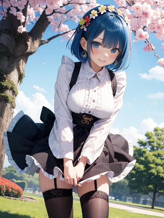 ((back viewing)), ((below viewer)), ((Rem)), ((re zero)), (((18 years old))), ((blue hair)), ((pink eyes)), ((pink necktie)), ((bow)), ((short hair)), ((hair bow)), (((neat winter-wear outfit))), ((frilled skirt)), ((zettai_ryouiki)), ((boots)), ((back shot)), ((looking at viewer)), (((romantic angle))), (((lovey-dovey action))), ((smile)), ((solo)), ((large breasts)), ((medium buttocks)), ((colorful)), ((masterpiece)), ((best quality)), ((ultra-detailed)), Rem, re zero, (18 years old), blue hair, pink eyes, pink necktie, bow, short hair, hair bow, (neat winter-wear outfit), frilled skirt, white pantyhose(zettai_ryouiki), boots, back shot, looking at viewer, (romantic angle), (lovey-dovey action), smile, solo, large breasts, medium buttocks, colorful, masterpiece, best quality, ultra-detailed