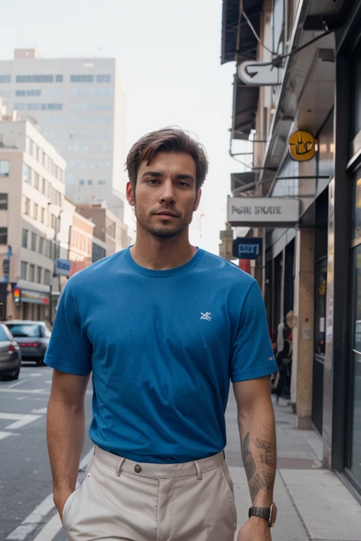 A boy 24 year, aesthetic appeal body, muscular built is walking down the street carrying a keyboard,full body picture. He is wearing a blue shirt, brown shorts, and sneakers. He looks tired and annoyed.Art form, style, and artist references: The image is a photograph. The style is street photography. The artist references are Henri Cartier-Bresson and Robert Frank.Additional settings: The camera is set at a low angle. The lens is a wide-angle lens. The lighting is natural. The colors are muted. The effects are minimal. The texture is grainy. The background is blurred. The rendering is realistic.
