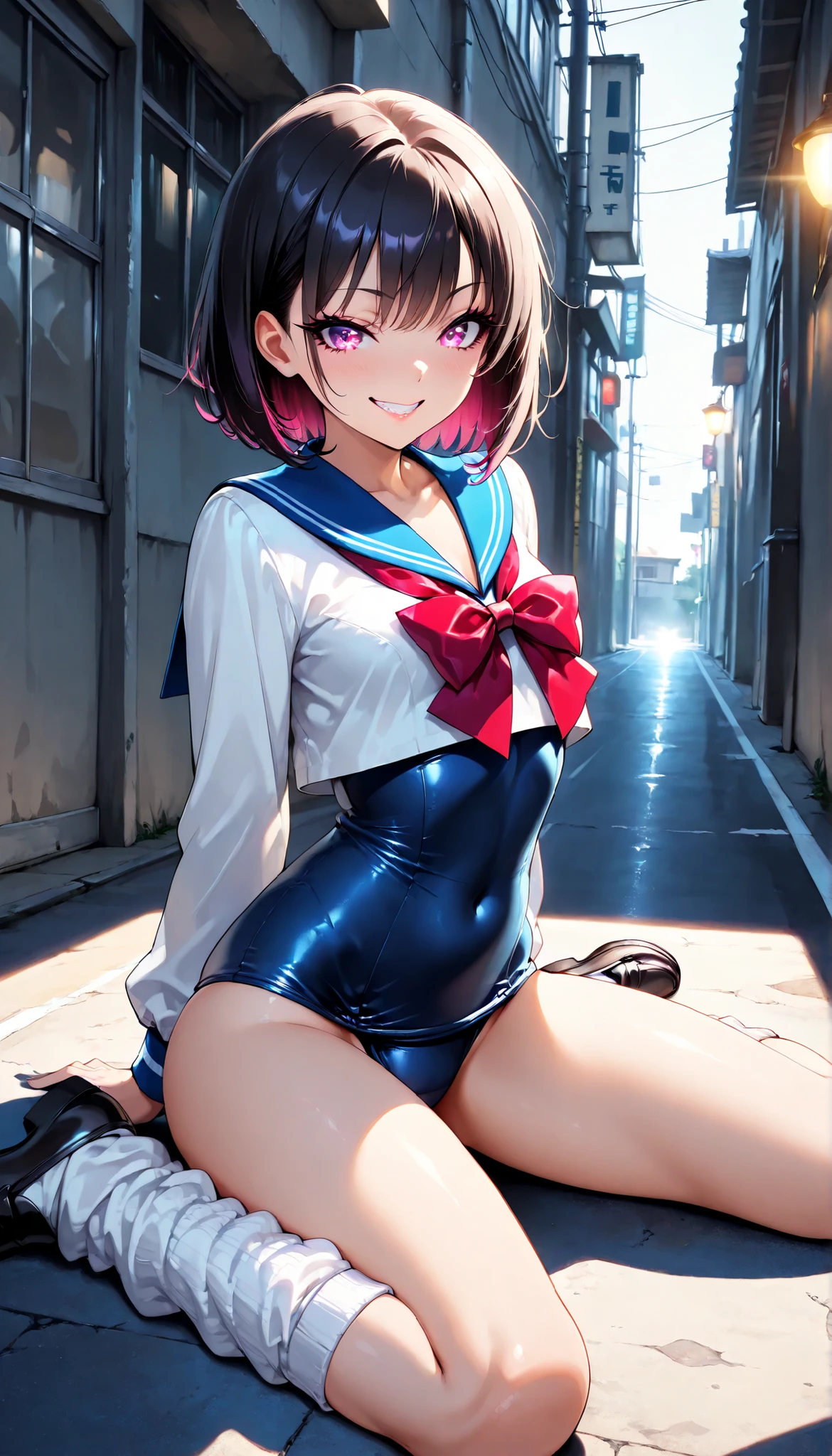 1girl,18yo,perfect hands, perfect finger,perfect anatomy, masterpiece, best quality,realistic, hyperrealistic, 16k hdr,, aamii, short hair, black hair, blue eyes, (glasses), (see through pink sailor senshi uniform,pink ultra miniskirt:1.3),outdoor,standing,(sweat:1.1),(happy smile),large breasts,cleavage,erected nipples,(sexy pose,spread legs:1.2),from below,navel,boots