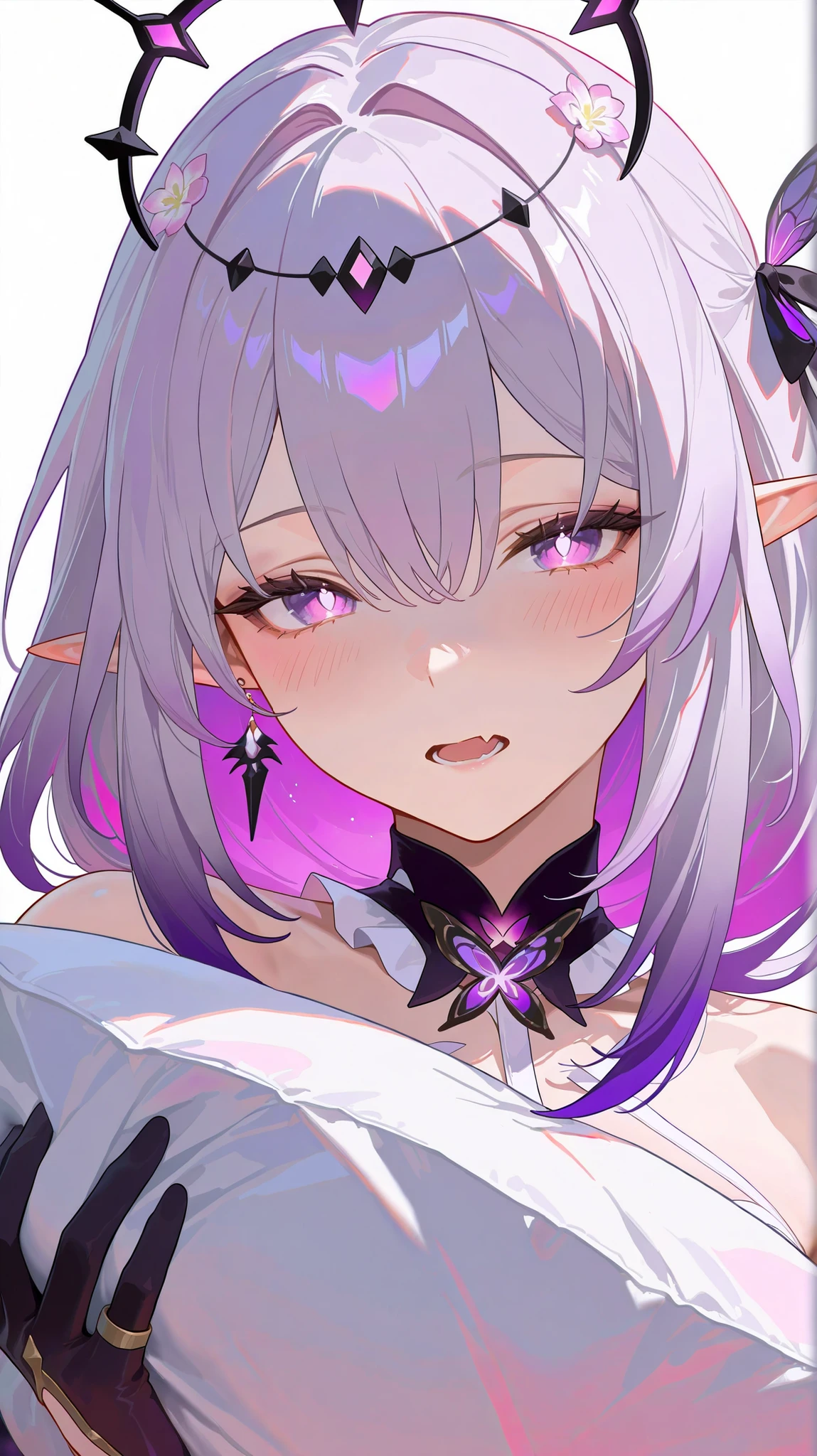 masterpiece, top quality, best quality, official art, beautiful and aesthetic:1.2),(8k, best quality, masterpiece:1.2), (((masterpiece))),(((best quality))),(((extremely detailed))), illustration, who, (masterpiece, top quality, best quality, official art, beautiful and aesthetic:1.2),(8k, best quality, masterpiece:1.2), castorice_(honkai:_star_rail), 1girl, long hair, solo, blush, purple eyes, purple hair, virtual youtuber, pillow, bug, holding pillow, gloves, flower, multicolored hair, white background, butterfly, fang, colored inner hair, looking at viewer, hair ornament, hair flower, pillow hug, simple background, hugging object, black gloves, open mouth, grey hair, upper body, hair between eyes, skin fang, bare shoulders, gradient hair