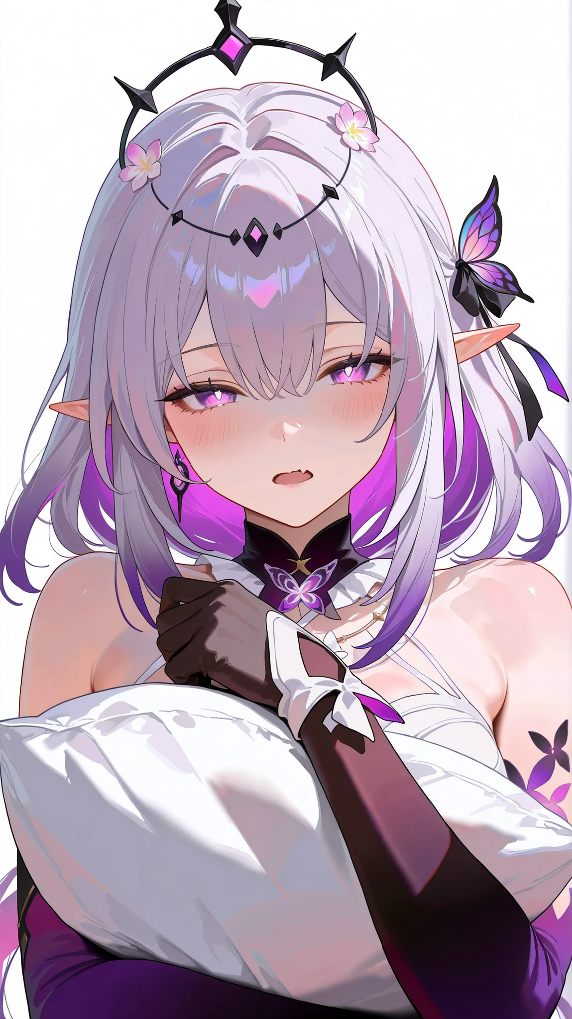 masterpiece, top quality, best quality, official art, beautiful and aesthetic:1.2),(8k, best quality, masterpiece:1.2), (((masterpiece))),(((best quality))),(((extremely detailed))), illustration, who, (masterpiece, top quality, best quality, official art, beautiful and aesthetic:1.2),(8k, best quality, masterpiece:1.2), castorice_(honkai:_star_rail), 1girl, long hair, solo, blush, purple eyes, purple hair, virtual youtuber, pillow, bug, holding pillow, gloves, flower, multicolored hair, white background, butterfly, fang, colored inner hair, looking at viewer, hair ornament, hair flower, pillow hug, simple background, hugging object, black gloves, open mouth, grey hair, upper body, hair between eyes, skin fang, bare shoulders, gradient hair