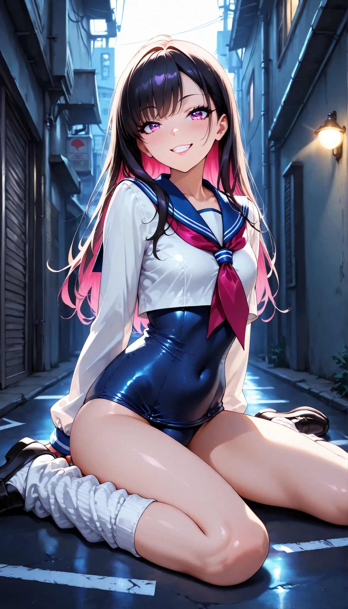 (Highest quality:1.24K, 8k, Studio Anime, Very detailed, Latest, Vibrant, High detail, High Contrast, masterpiece:1.2, Highest quality, Best aesthetics), (((1 Girl))), Sit and pose, ＪＫ, Sailor suit, Pleated skirt, loose socks, loafers, Please open your mouth a little:1.2, smile, Dynamic Angle, look up:1.3, Friendly atmosphere, Beautiful Hair, Shiny Hair, Beautiful Skin, Detailed face and eyes, Glossy Lips, Curvy Women, Striking contrast,