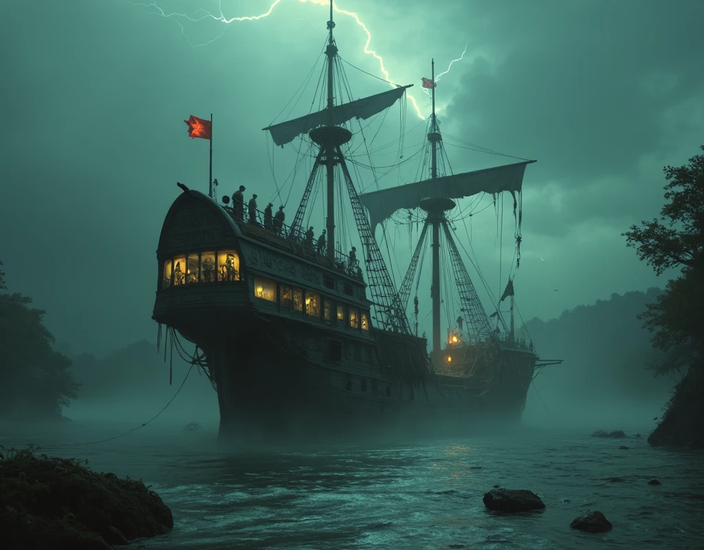Real photo taken in a (Dark night ), Stormy wind. A dark gothic ghost boat, sails in a  and very dull mangrove. Ancient boat very damaged, its hull is gutted. ((His big black sails are torn)), ((big sails flying in the wind)), sails merge with the mist. ((The living dead and skeletons)) Some translucent runes around the boat's hull {x} Ghostly black mists fly and cling to ropes and masts {x} dressed In very torn rags, they work on the decks of the boat and in the rigging like real sailors.. ((a few translucent runes around the boat's hull)) illuminated by a few cursed lanterns. The muddy water of the mangrove, of a grey-green color, Shows ((a few translucent runes)). The night is pierced by threatening lightning and clouds above, ultra-detailed, cinematic ,  masterpiece , Realistic Lighting, difficult abstract,  volumetric light , hyperrealistic, 8K. 