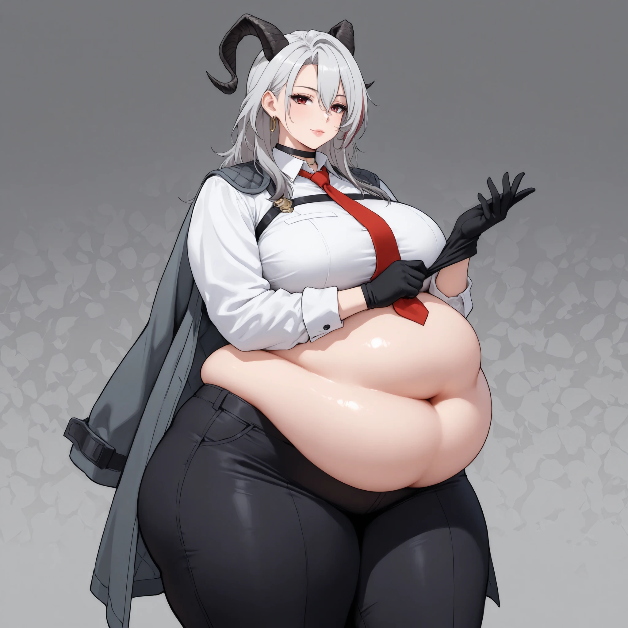 best quality, very aesthetic, intricate details, 1 woman, Mature female, 1girl, solo, mature female, smiling, closed mouth ,1girl, solo, mature female, masterpiece, best quality, solo, 1girl, z4ni, expressionless, looking at viewer, standing, adjusting gloves, long hair, multicolored hair, grey hair, hair between eyes, goat horns, demon horns, red eyes, grey coat, coat on shoulders, white shirt, collared shirt, red necktie, long sleeves, black gloves, black pants, earrings, black choker, large breasts, grey background, abstract background, adult female , mature female, whole body, chubby, chubby girl, curvy, large breasts, lips, plump, thick thighs, thighs, (((oversized gigantic stomach)), curvy, large breasts, lips, plump, thick thighs, thigh, immobile, (((oversized gigantic stomach))
