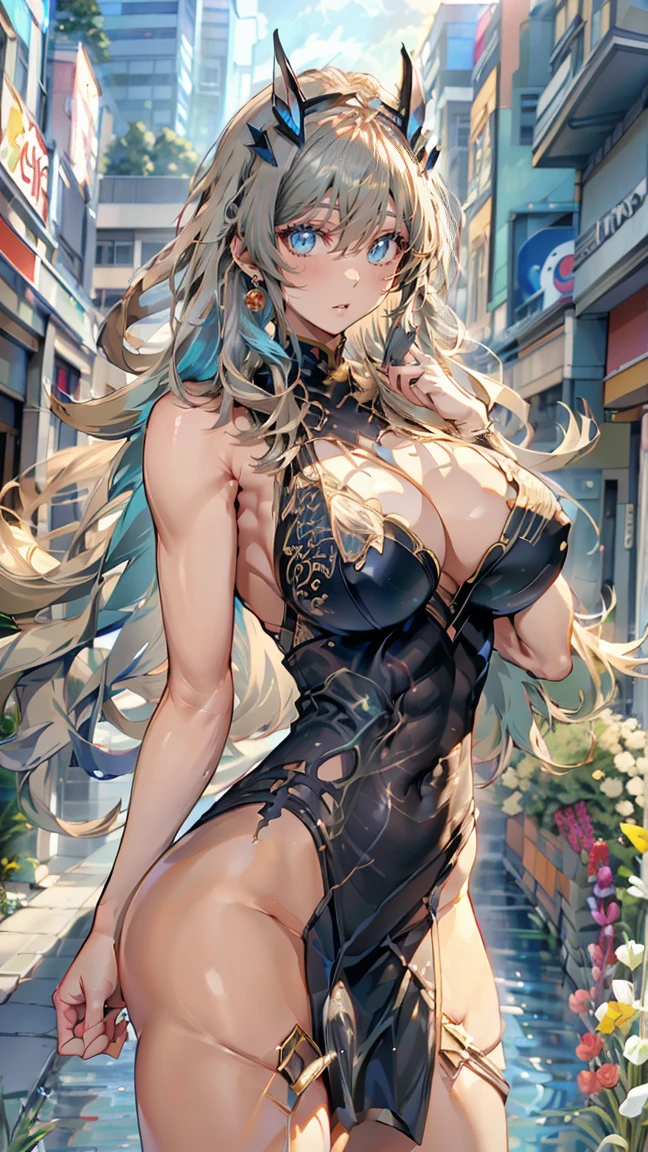Young girl, long blond hair, turquoise eyes, wide neckline, inner sideboob, tattoo, smirk, combat robe, dragon claws, dragon tail, masterpiece, high quality