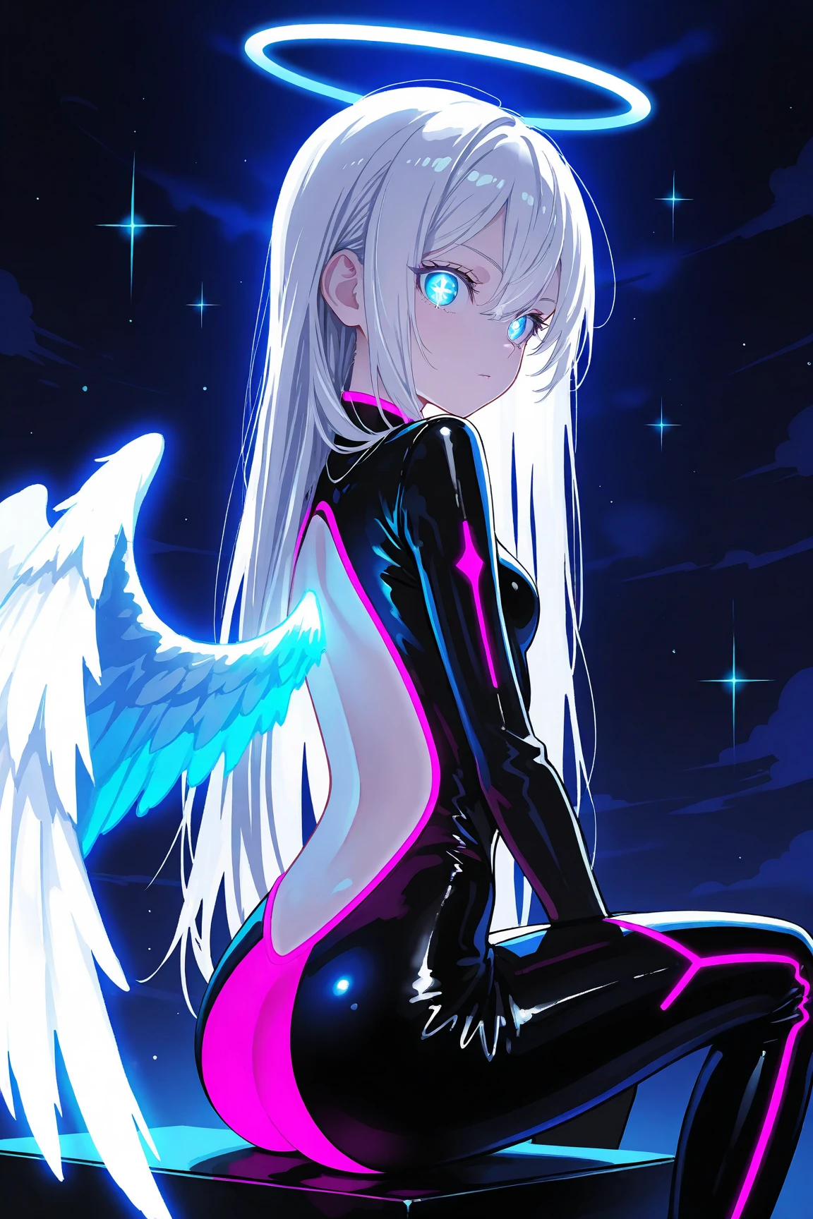 1girl, angel wings, skin tight, starry sky, vibrant, colorful, HDR
