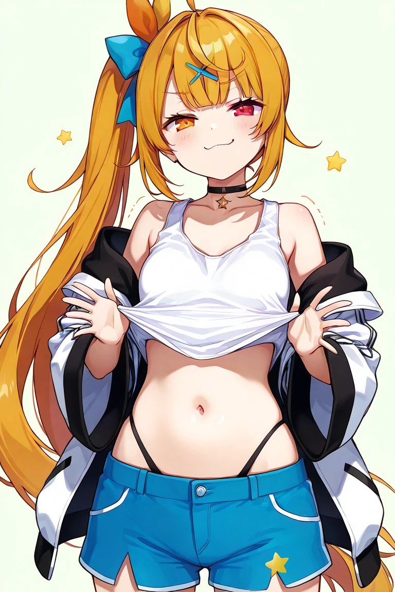 Highest quality, masterpiece, No correction, Beark,shinosawa hiro,thin,Orange eyes,White eyelashes,Blonde,Long Hair,Hair Clip,Track jacket,cute panties, Head Focus, Open shirt,flat chest,white background,lying,paw pose,blush,