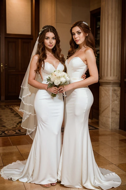 Two beauties in tight long dresses,The back is charming, seductively leading each other into hotel room, removing wedding ring, lesbian, kiss, erotic (full body)