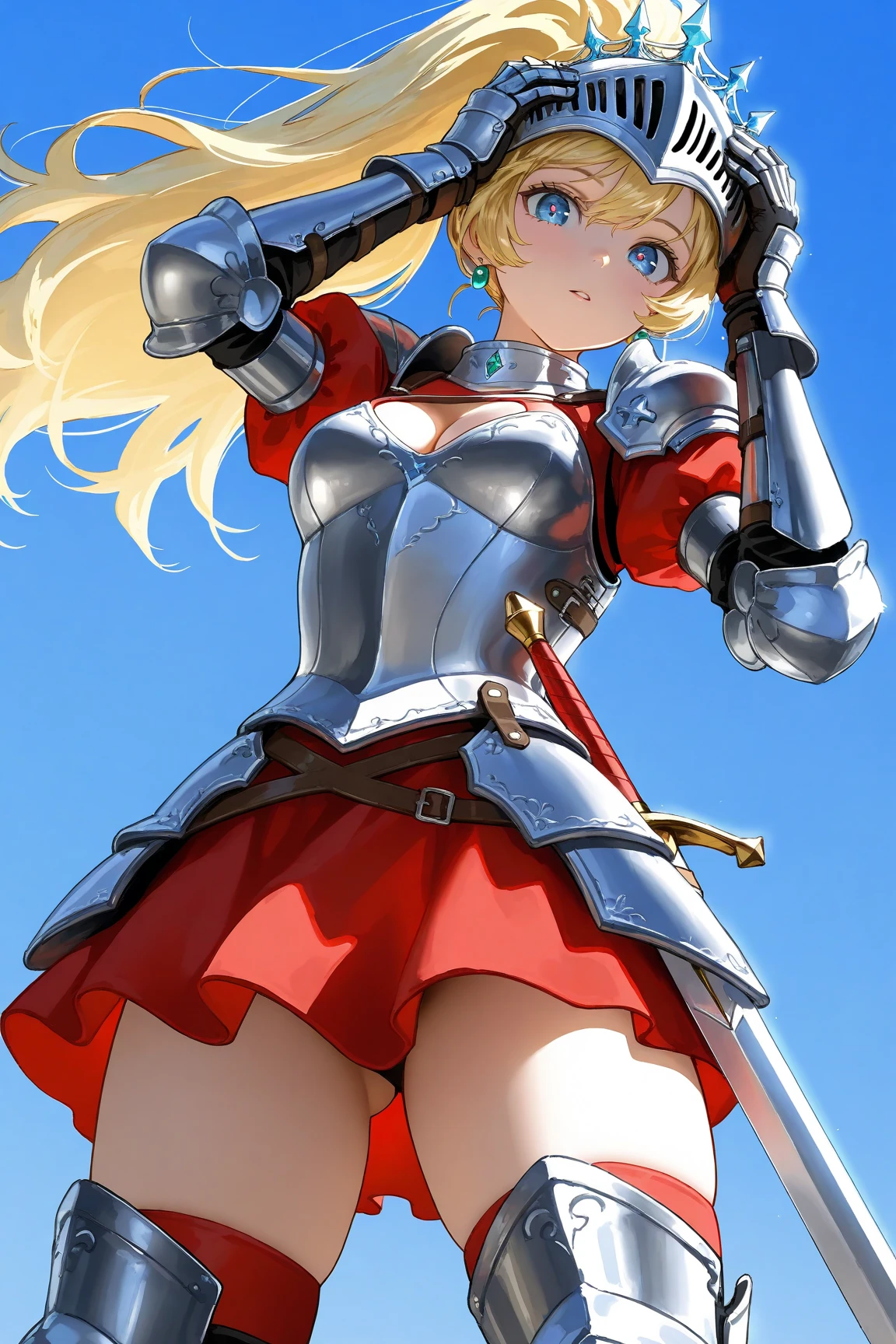 1girl, holding sword by two hands over her head, a female knight in ...