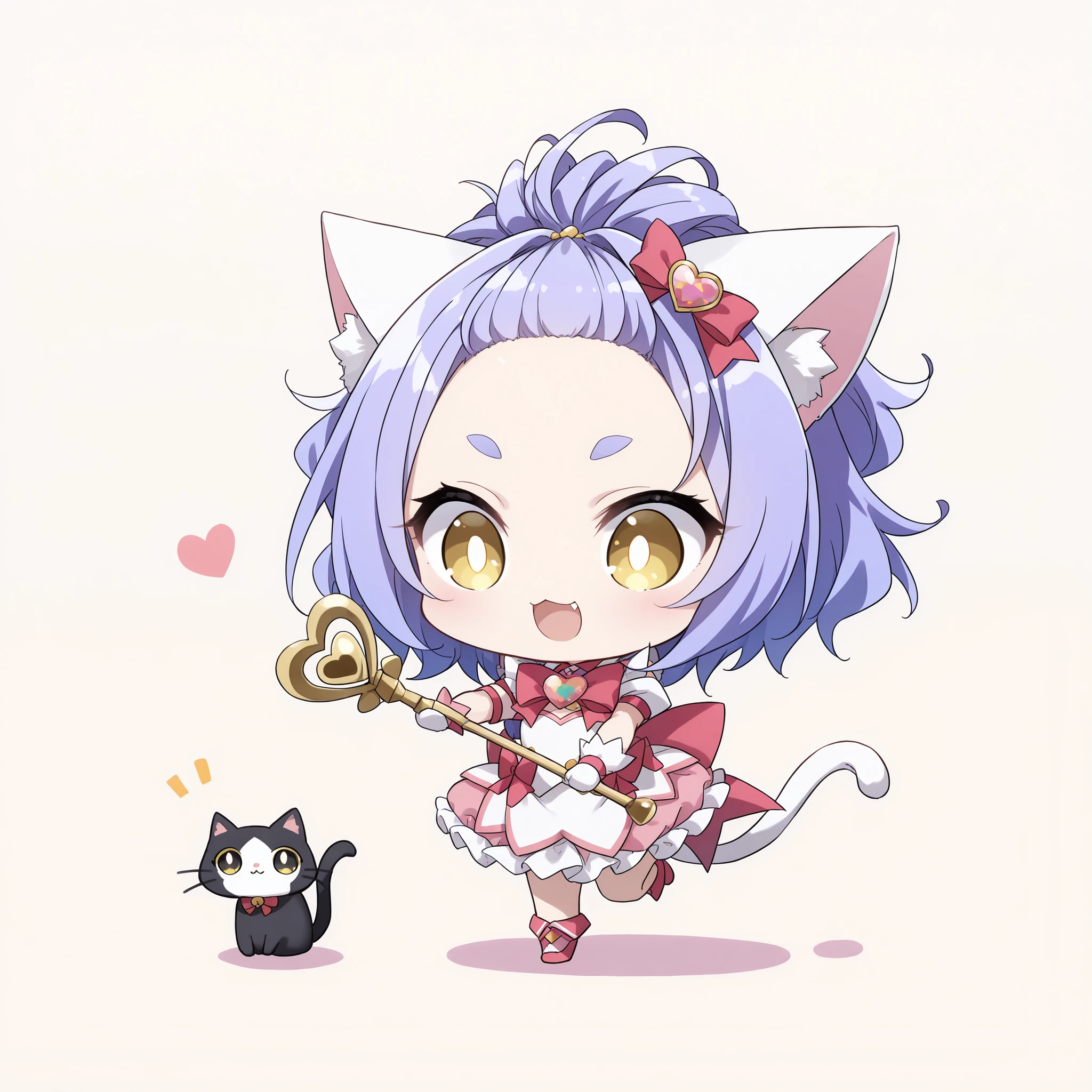 score_9, score_8_up, score_7_up, (solo, 1 girl, Matana Katomiya, Yellow Eyes, Iris hair , Constricted hair layer,heartの目、 Forehead, Cat ears, white fur inside Cat ears), ((( chibi, change, thin, small, short))), (Cute Magical Girl Costume、Pink Magical Girl Outfit), Hold a walking stick,raises one leg,heart ((Cat's tail:1.2)), cute face, big eyes, Cat's Eyes, eyelashes, lower eyelashes, (((gold pupils))), short and thick eyebrows, , proud smile, open your mouth、on stage、simple background、