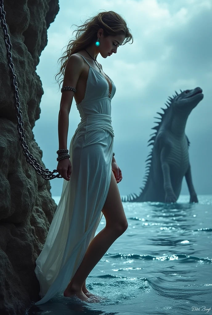 Nordic woman with white hair and skin, takes off her pearly dress to take a bath in a Greek pool, in that a strong reptilian man with black scales watches her