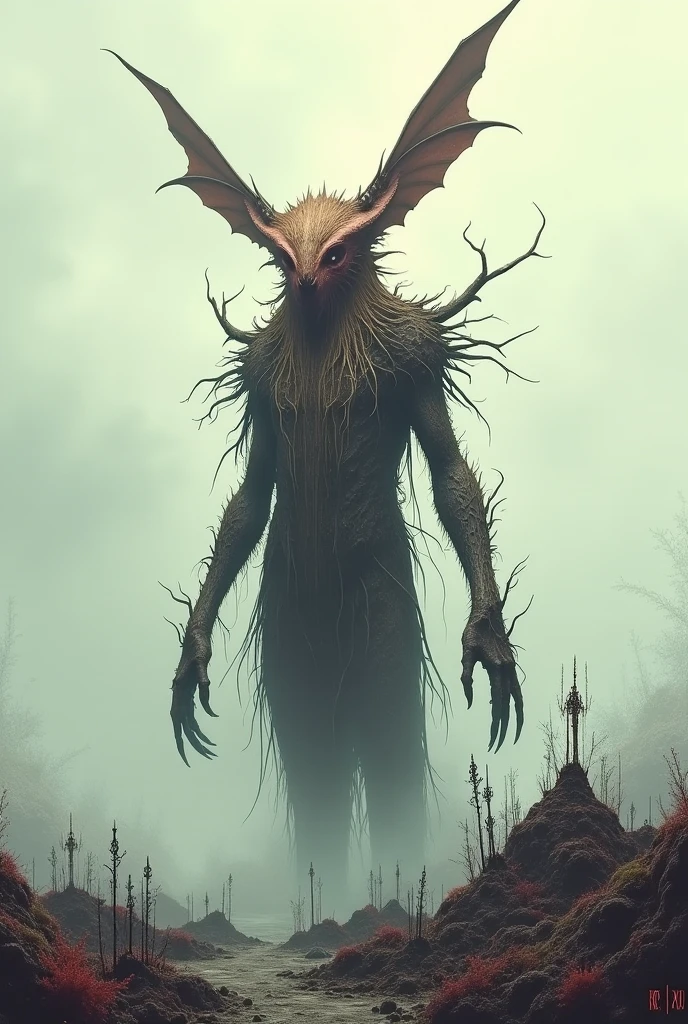 A demon with exaggerated features such as a long nose and red lines. Long ears pointing upwards and clothing made of soft, dry roots covering the entire body