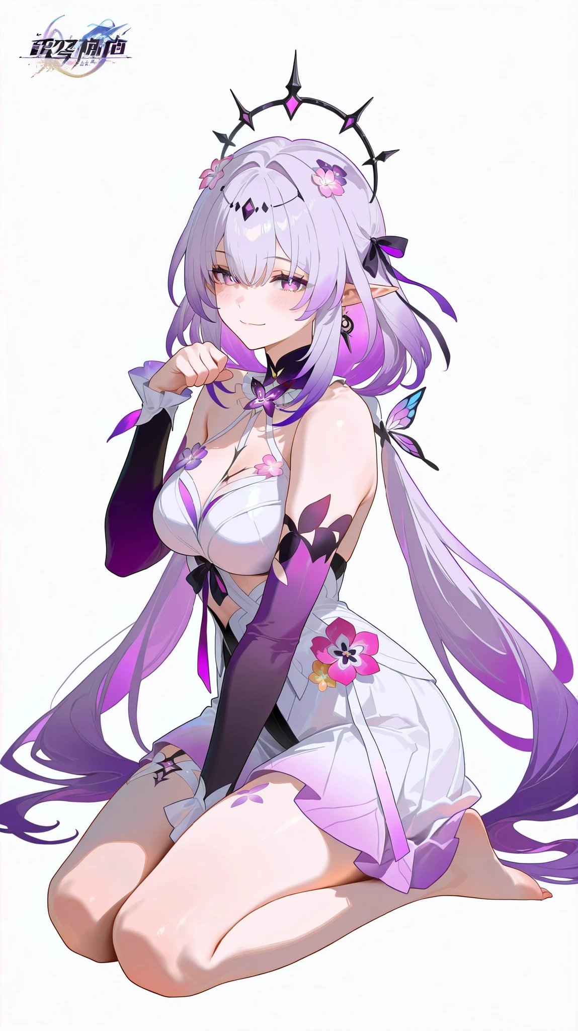 masterpiece, top quality, best quality, official art, beautiful and aesthetic:1.2),(8k, best quality, masterpiece:1.2), (((masterpiece))),(((best quality))),(((extremely detailed))), illustration, who, (masterpiece, top quality, best quality, official art, beautiful and aesthetic:1.2),(8k, best quality, masterpiece:1.2), castorice_(honkai:_star_rail), 1girl, solo, pointy ears, flower, long hair, purple eyes, white dress, dress, barefoot, white background, smile, looking at viewer, blush, detached sleeves, simple background, purple hair, twintails, bare shoulders, virtual youtuber, hair ornament, hair flower, closed mouth, very long hair, purple flower, paw pose, low twintails, hair between eyes, butterfly