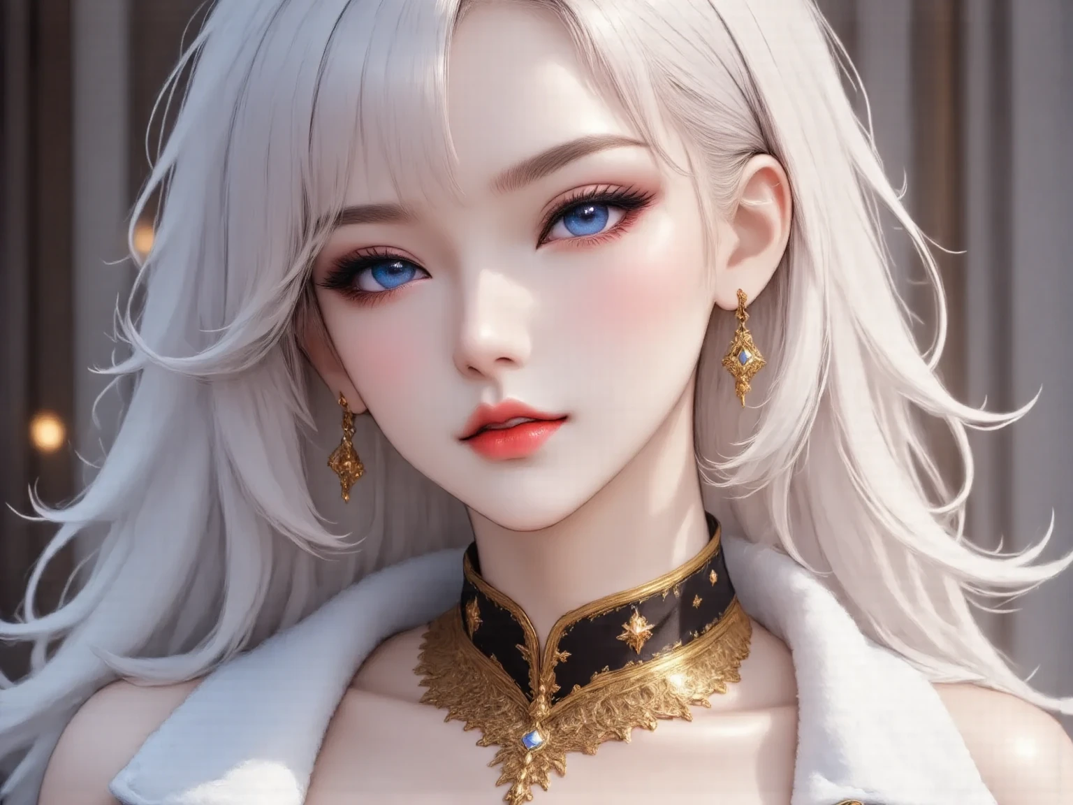 Ultra-realistic 8k CG, perfect face, flawless, clean, professional artwork, famous artwork, cinematic lighting, cinematic bloom, perfect face, beautiful face, beautiful face, beautiful eyes, ((perfect female body, narrow waist)), white hair, red eyes, beautiful queen, royal, divine, divine, goddess, divine, (royal palace), fantasy, dreamlike, unreal, science fiction, huge breasts, beautiful clothing, lace trim, leggings with lace trims, nsfw, breasts out, absurdly long hair, (rich: 1.4), prestige, luxury, jewelry, diamond, gold, pearl, gem, sapphire, ruby, emerald, intricate details, delicate print, sexy, charming, seductive, erotic, charming, charming, hair ornament, necklace, earrings, bracelet, bracelet, bracelet, bracelet,