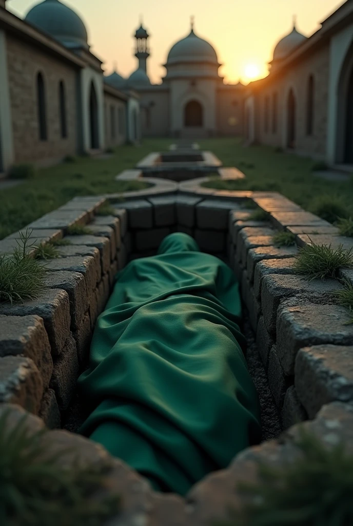"A realistic open grave in a Muslim cemetery at dusk, soft golden light from the sky, green funeral shroud partially visible inside. Dark color palette (black, deep white), cinematic atmosphere. No faces or human figures. --v 6 --style raw"

