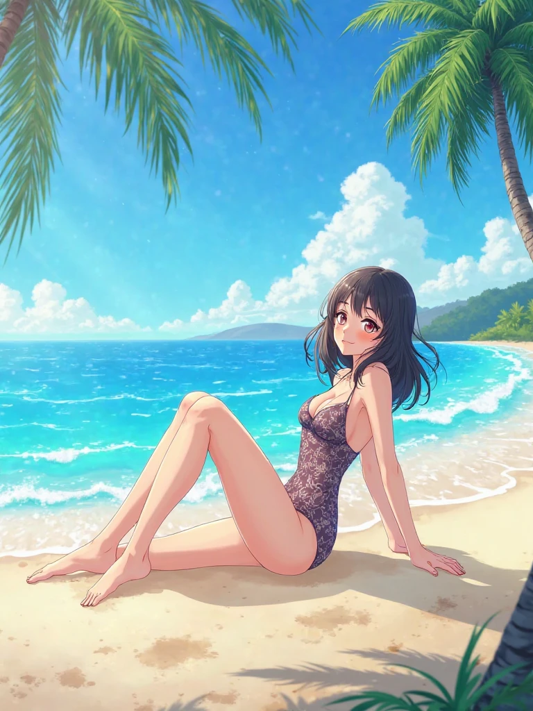 best quality,ultra-detailed,realistic,photorealistic:1.37,bikini,lush tropical strand,palm trees,crystal clear turquoise water,sun-kissed skin,glistening droplets of water on the body,melons slices,refreshing fruit slices,carefree enjoyment,beach vibes,relaxation,colorful umbrellas,coconut drinks,white sandy beach,summer escape,vibrant colors,beach towels,bright sunshine,beauty,relaxing atmosphere,summer paradise,seashells,joyful laughter,floating flamingo,floatation devices,beachball,blue sky,a cool breeze,exotic vacation