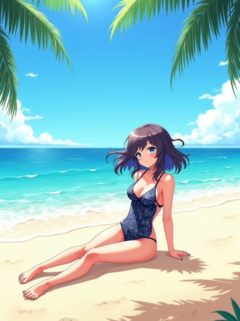 Highest quality, 8k, detailed, largeBig Breasts, Slim and beautiful arms, Slim body, 1 person, smile, Swimwear, sitting, city in the background, beach, coastal, Navy hair color, juice, sitting on a towel, side-tie bikini, from below, Very cute face, looking at the camera, Very beautiful face, Very blue sky