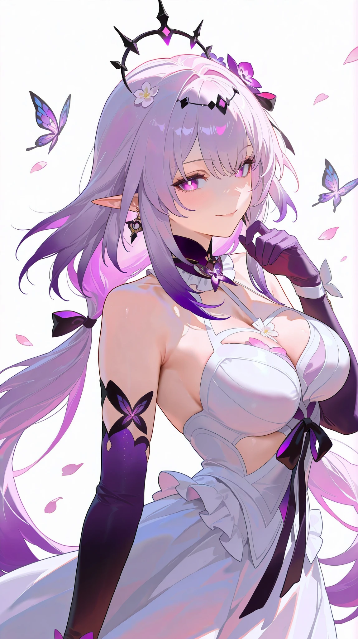 masterpiece, top quality, best quality, official art, beautiful and aesthetic:1.2),(8k, best quality, masterpiece:1.2), (((masterpiece))),(((best quality))),(((extremely detailed))), illustration, who, (masterpiece, top quality, best quality, official art, beautiful and aesthetic:1.2),(8k, best quality, masterpiece:1.2), castorice_(honkai:_star_rail), 1girl, butterfly, bug, solo, dress, gloves, purple gloves, long hair, flower, hair ornament, pointy ears, hair flower, white dress, smile, purple eyes, white background, looking at viewer, bare shoulders, purple butterfly, elbow gloves, bow, purple hair, closed mouth, twintails, very long hair, petals, ribbon, simple background, low twintails, earrings, pink hair, breasts, frills, hair bow, jewelry, purple theme, pink eyes, purple flower