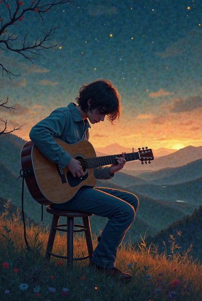 Silhouette of a boy playing guitar sitting with his back to a mountain watching the moon, and Jesus beside him hugging him.