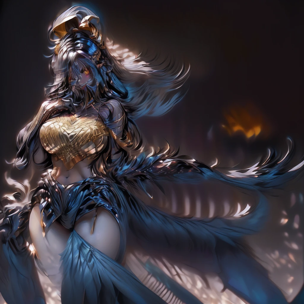 Illustrate a detailed and stunning portrait of a girl with long white-black hair, heterochromia eyes (( blue eyes)), wearing a fantasy themed lace golden dress, in a dynamic pose, large round perfect breast ,open cleavage,(( dark skin)), ((african)) 