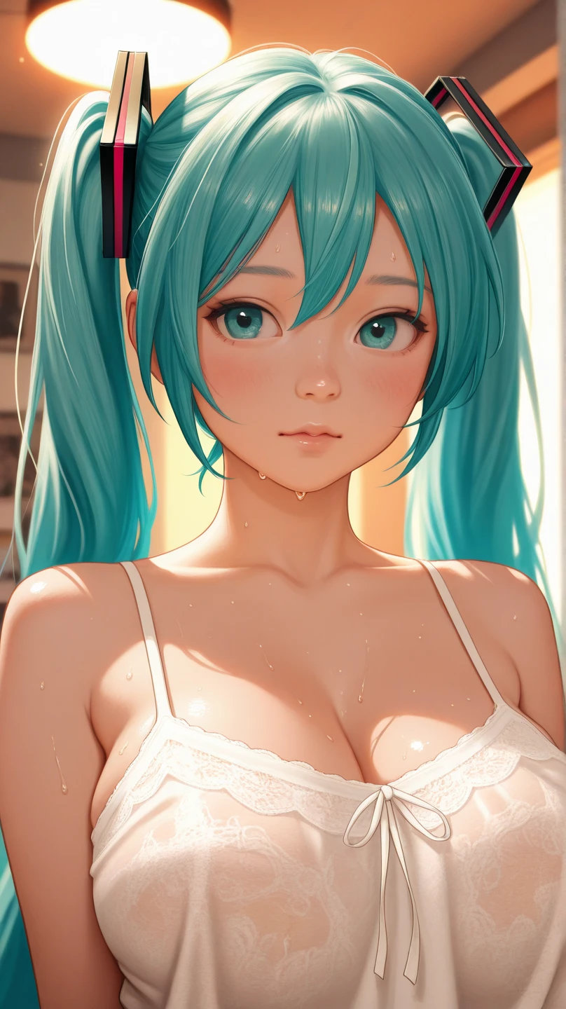 big breasts, she is a beautiful milf ((beautiful woman, 28 years old)), (light blue hair with variable tones, pigtails and flashy, clip in her hair), double eyelids, light brown eyes, detailed eyes, hyper detailed, effect with clear eyes, detailed irises, with incredible breasts and perfect waist, and a sensual body, ((cropped fuzzy at the neckline, yellow shorts made with lace, beautiful and stylish, cool, in delicate fabric, beautiful, elegant, cleavage)), beautiful makeup ((masterpiece, hyper realistic, hyper detailed, best quality, 16k, light and shadow effect on the skin, vivid colors)), eyeliner, passionate expression, perfect pink lips parted, innocent and sexy face, ((skin with light and shadow), beautifully seductive, passionate smile, ((she is a beautiful housewife)), smile, flirting with the viewer, ((in variable sensual pose, inside the room, bed, mirror, table, posters))