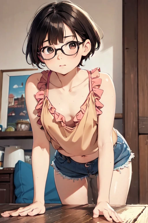 Anime girl with bob haircut and round glasses shows her panties