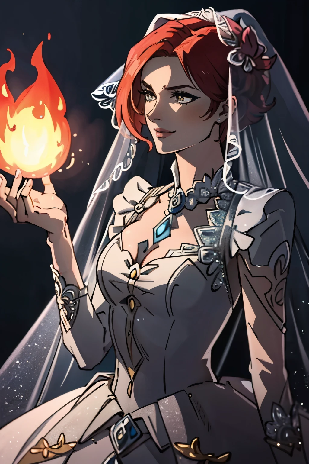 Lilith from Borderlands as a bride, wearing a backless, floor-length, long-sleeve ruffled tulle wedding dress in pure white. A delicate bridal veil covers her face, adding elegance and mystery. A hawk-shaped tattoo is visible on her back, just below her neck. Her right hand glows with fiery Siren powers, while her left hand holds a bouquet of vibrant flowers. She has a confident, winking smirk, her red hair styled in soft waves. The setting is softly lit, blending ethereal beauty with her bold personality