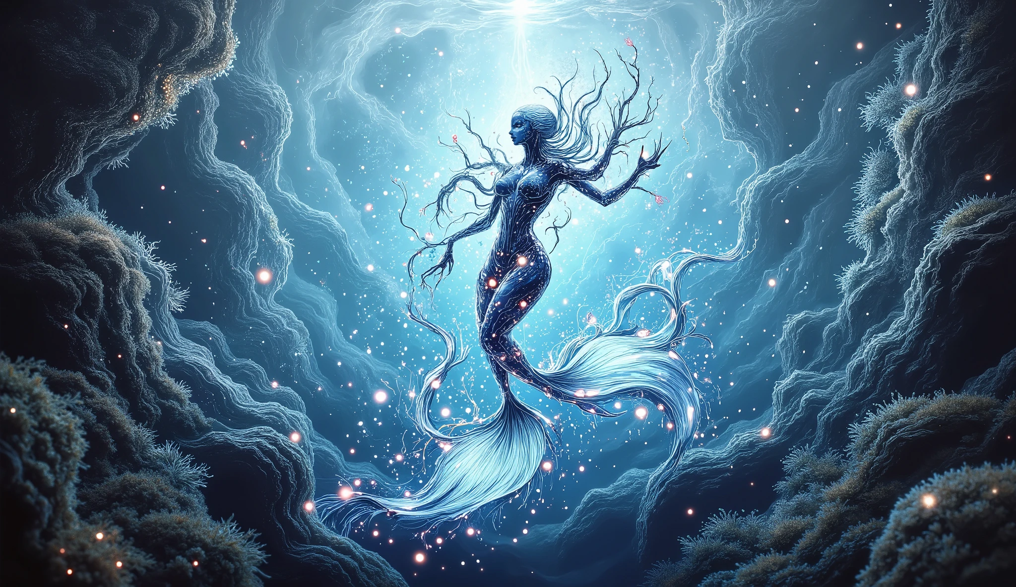 surreal fantasy, scifi, watercolor, sumi-e, an underwater landscape where vegetation moves with the movement of water, A mechanical mermaid swims quietly in the middle of the fish, ao fundo ve-se um hammerhead , with neon lights and circuits, scifi, cyberpunk, neon colors.