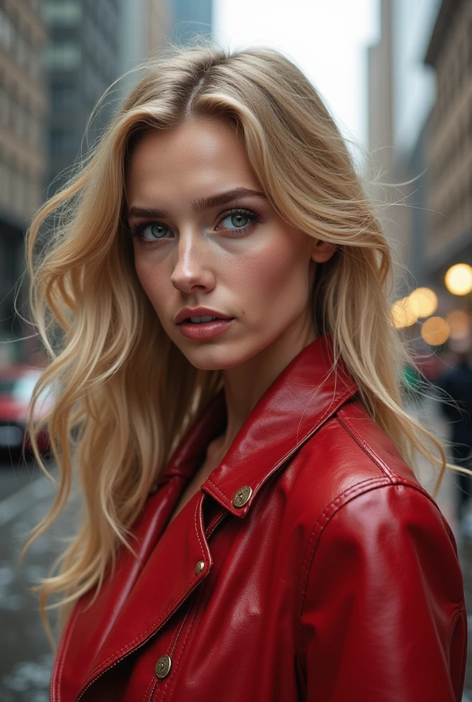 A hyper-realistic three-quarter view in 8K of a beautiful green-eyed woman with long hair shaved on the side, deep porcelain skin. Looking straight ahead, she is wearing a red leather jacket. Soft lighting. Few details,