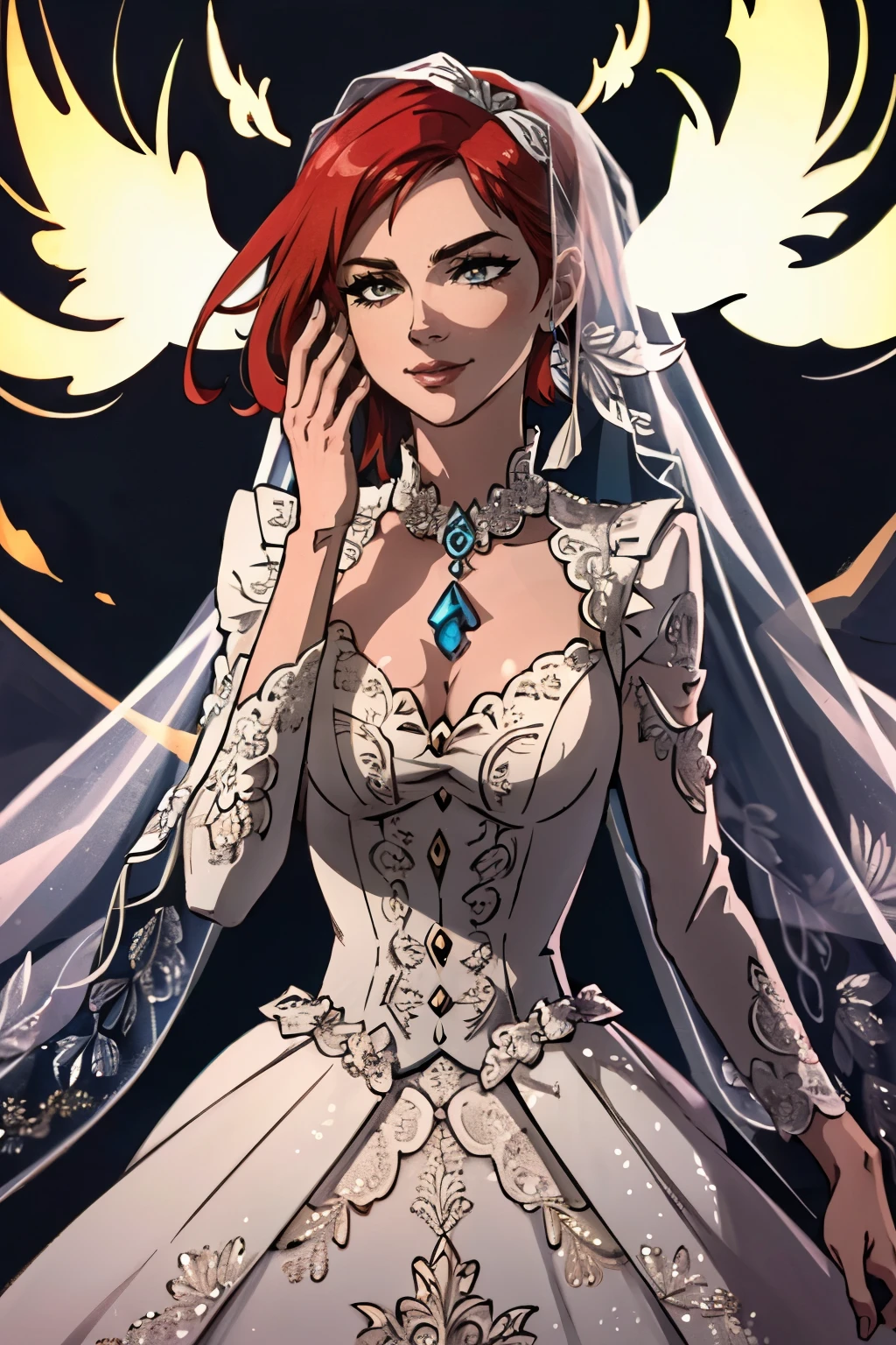 Lilith from Borderlands as a bride, wearing a backless, floor-length, long-sleeve ruffled tulle wedding dress in pure white. A delicate bridal veil covers her face, adding elegance and mystery. A hawk-shaped tattoo is visible on her back, just below her neck. Her right hand glows with fiery Siren powers, while her left hand holds a bouquet of vibrant flowers. She has a confident, winking smirk, her red hair styled in soft waves. The setting is softly lit, blending ethereal beauty with her bold personality