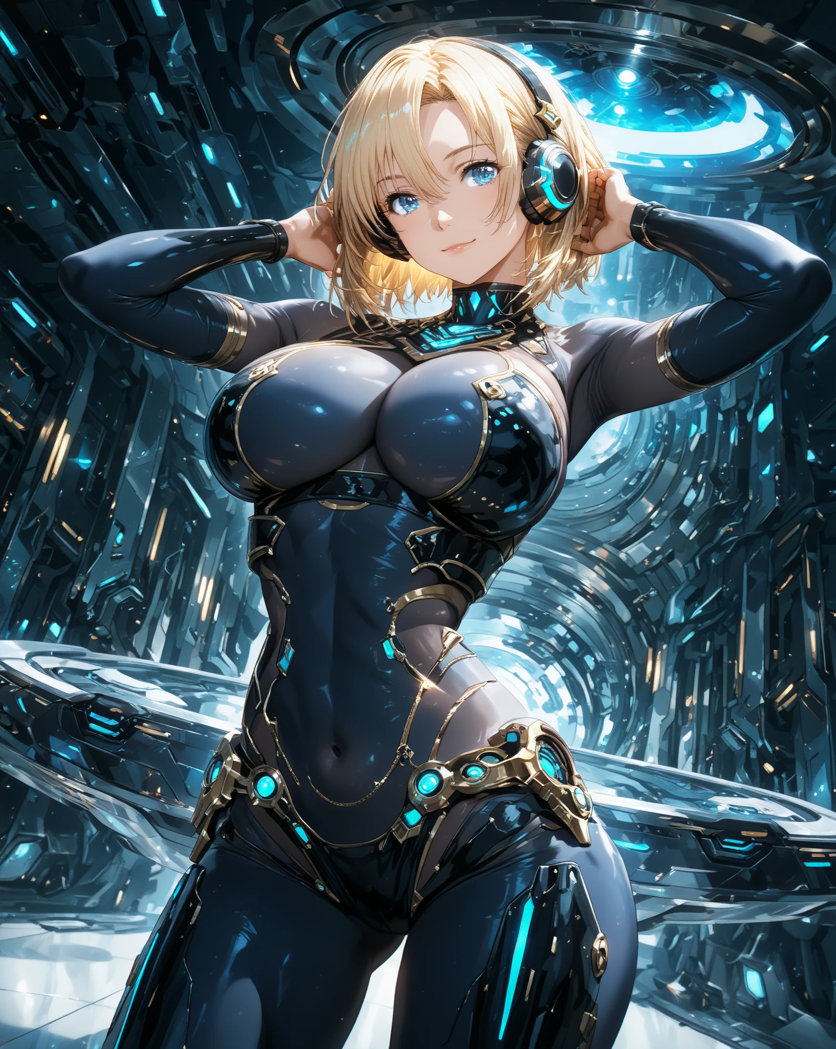 ((1girl in:1.5)),((cybernetic body:1.5)),(Highest image quality, excellent details, Ultra-high resolution, (Realism: 1.4), The best illustrations, favor details, One girl highly condensed,(presence:1.5),(Dynamic:1.5),(Bold:1.5)),(((blonde bob hair:1.5))),((blue eye:1.2)),(mechanical bunny ears headband:1.3),the background is a high-tech lighting scene of the futuristic city, 