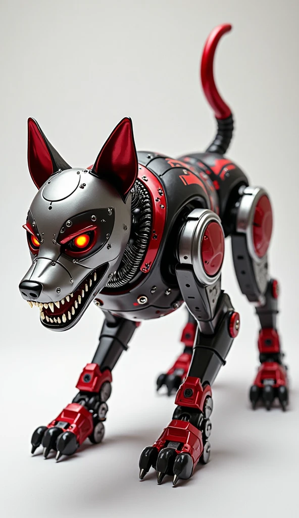 black robot cat with skull mask and very long straight horns