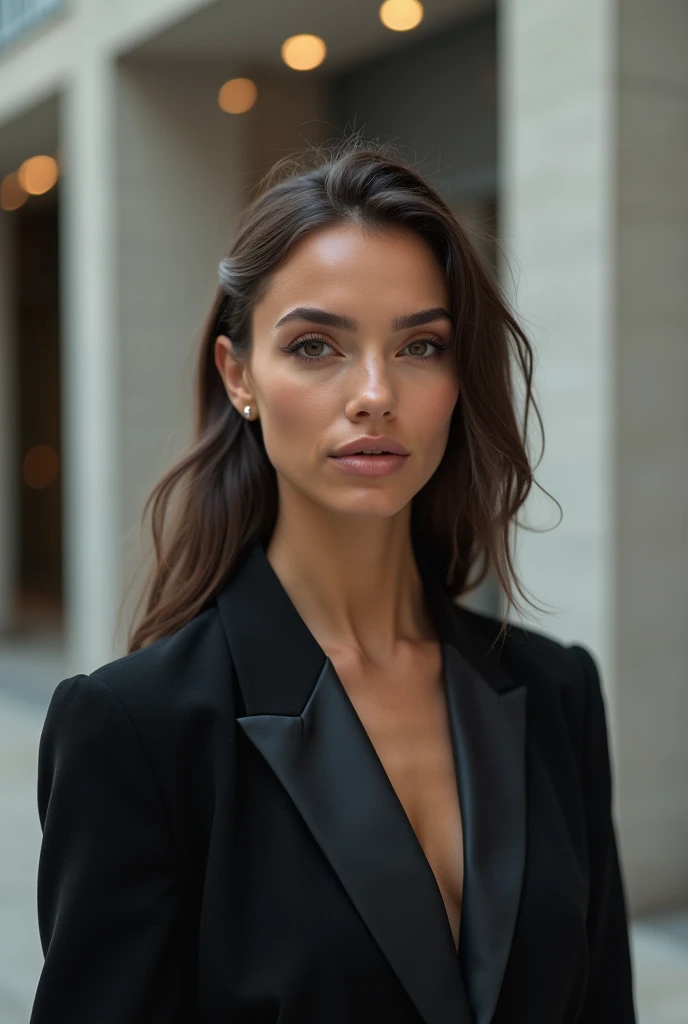 (8K, RAW photos, best quality, masterpiece: 1.2), (Practical, photoPractical: 1.37), 1 Woman in suit standing on the sidewalk, city View, sky, Sunny morning, Professional lighting, Photon Mapping, Radiosity, Brazilian woman, Tear, shirt, Woman in suit, Silk suit