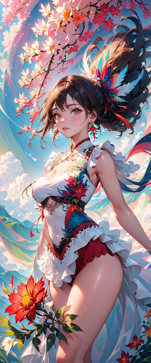 ((Fractal art)),((masterpiece,best quality,Very detailed,ultra high resolution,Detailed background)),(((abstract background))),(1 girl),((rich and colorful)),flowers,(skin shiny),((Many colors)),(earrings),feather