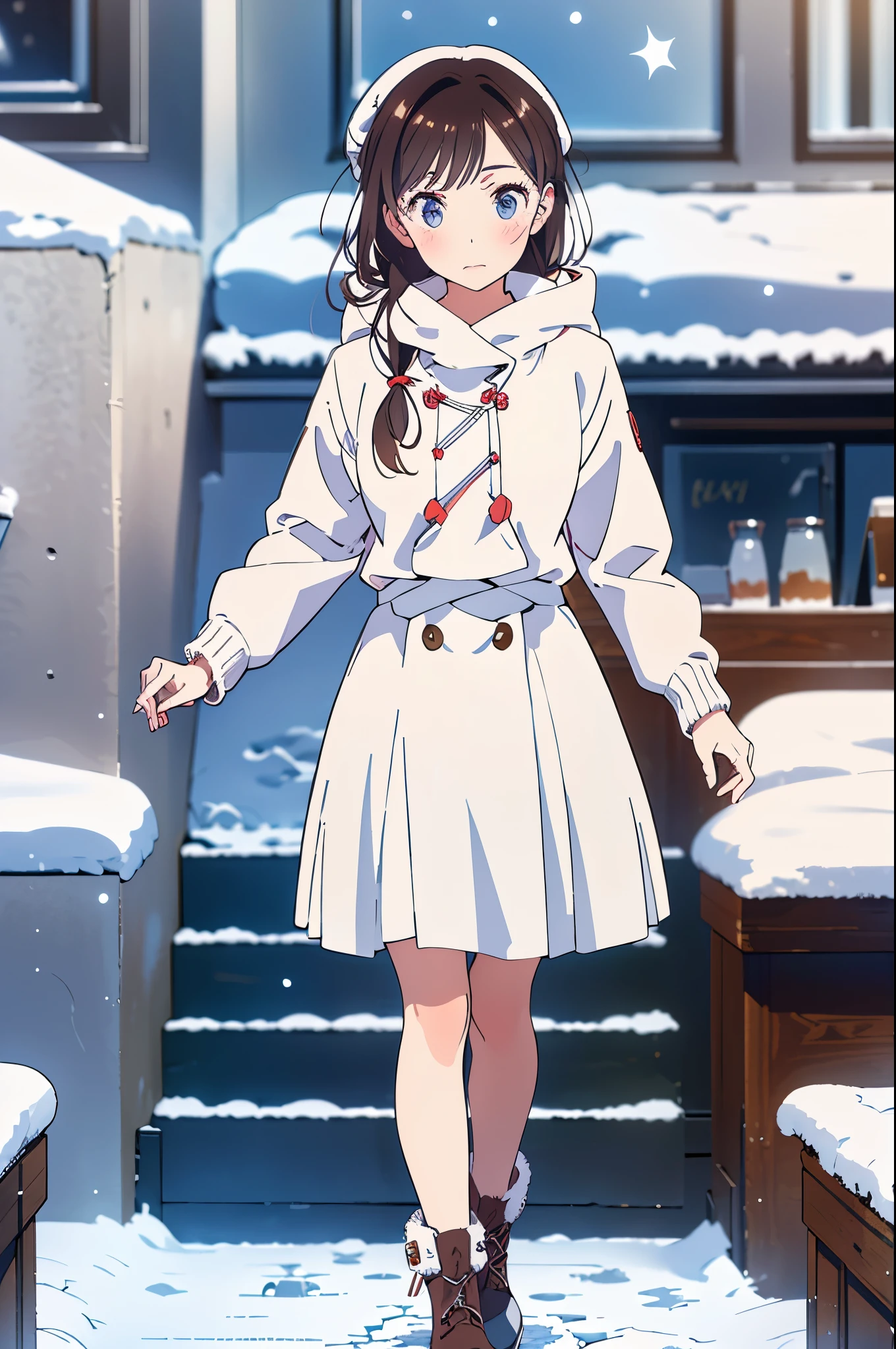 Top Quality,4K,8k, high resolution,masterpiece:1.2, very well detailed, exists,photo exists:1.37,winter, snow, snowy landscape, beautiful girl in a down coat, Beautiful Eyes, detailed lips , long eyelashes, mini pleated skirt, snowy scene, soft lighting , cozy atmosphere , Moderate: Oil, fresh snow, winter wonderland, cool tone , fine brushwork , snowy trees, Cold breath, calm expression that is a sculpture , cheerful pose, Natural Beauty , snowflakes, snow-covered ground, winter fashion, stylish clothes to chill out at a cafe, snow boots, rosy cheeks , wintertime joy, quiet atmosphere , Mysterious Beauty , magical winter scene, winter fashionista, quirky charm