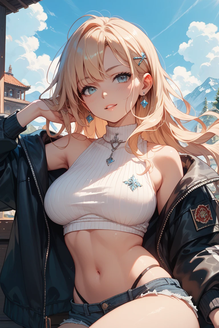 ((Masterpiece)), (Anime:1.5), ((best quality)), (RAW photo:1.2), (High Definition:1.3), (Professional Photography:1.2), (), (1girl), cute young girl, (nipples exposed), BREAK, (naughty face:1.3), (Beautiful daiamond eyes:1.5), (pale skin), elf girl, wearing Gray Workwear Coveralls, flat chest, slender waist, BREAK, (hair over eyes:1.2), Silky unruly hair, medium hair, ((blond hair)), wearing Gray Workwear Coveralls, ((outside The Frozen Desert)),