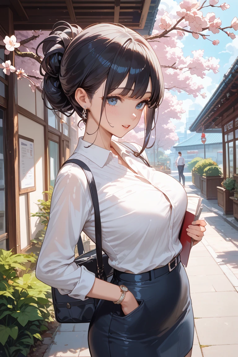 (realistic:1.5), photorealistic, octane render, (4k, 8k), (hyperrealistic:1.2), (photorealistic face:1.2), (Best Quality), extremely detailed, intricate, hyper detailed, (eyes detailed, finger detailed:1.2), looking at viewer, (short hair, curly hair, dense bangs, black hair), (outdoors, cherry blossom trees, korean school uniform:1.3), (1girl, solo, alone, large breasts, large thighs, 2legs, walking:1.4), (brown eyes:1.2), smile