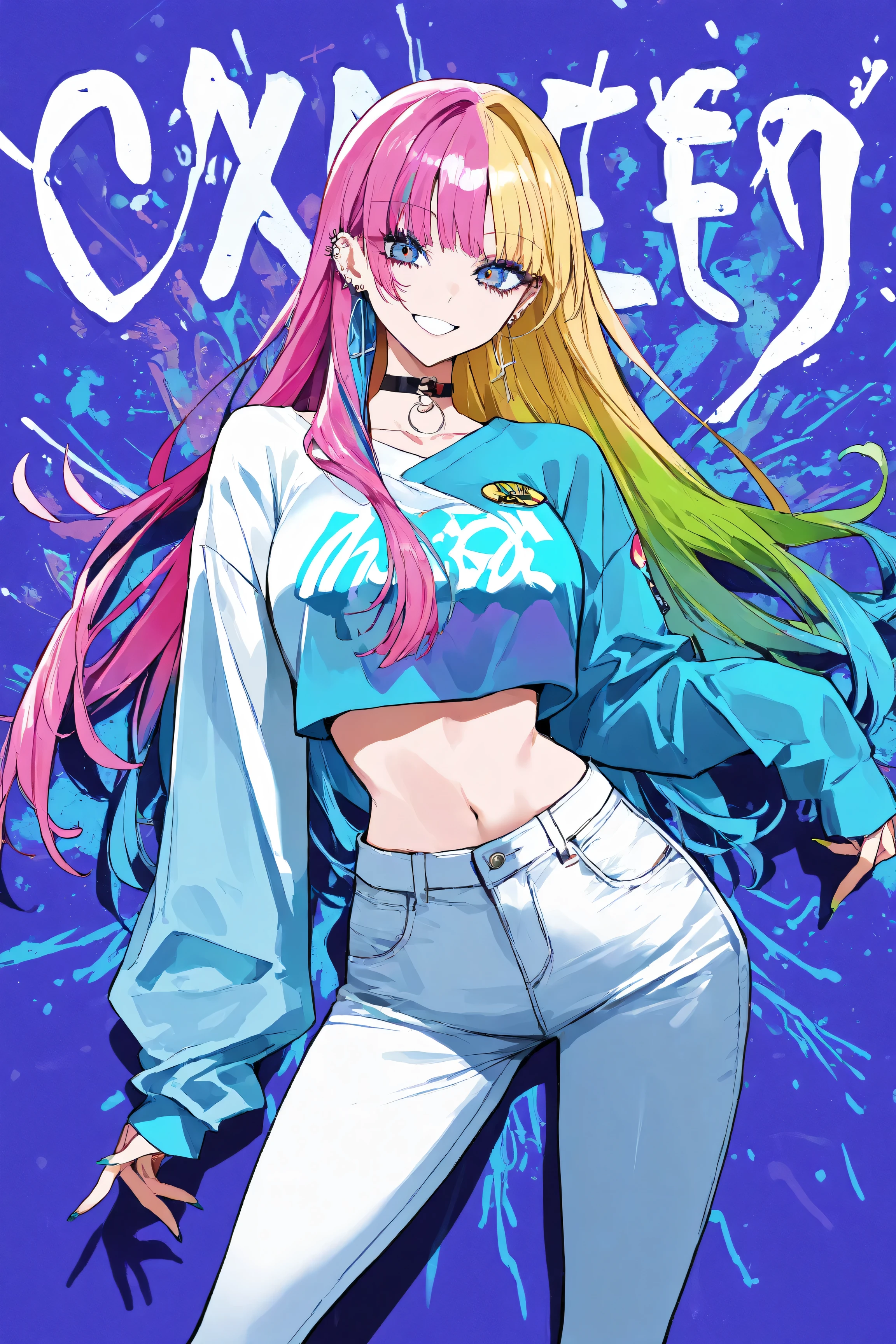 charming smiling kpop girl, piercing, Cool pose, graffiti background .asymmetrical clothes.
濃い化粧, 1 girl, long hair,
hair over ears, inner color, Asymmetric Hairstyles, colorful hair, poster and magazine illustration effect,